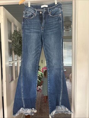 KanCan Dark Blue Wide Leg Jeans with Frayed Hem